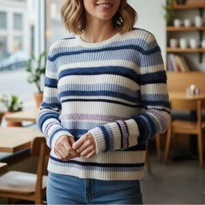 37 Orchard Womens Striped Ribbed Knit Sweater Size S Cropped Crewneck